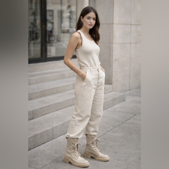 Authentic Prada Women's Beige Lace-Up Combat Boots - Picture 2 of 12